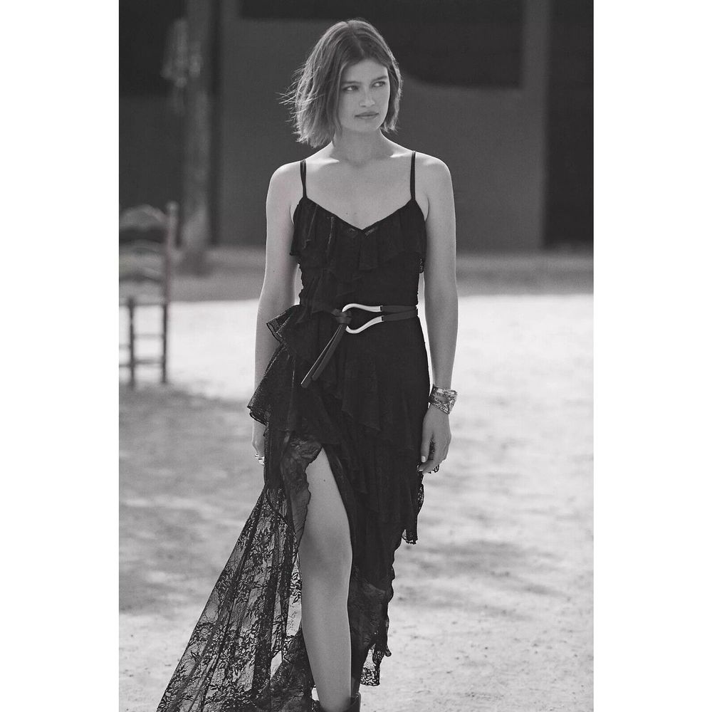New Anthropologie Ronny Kobo Janell Asymmetric-Tiered-Lace Side-Slit Gown Size 0
